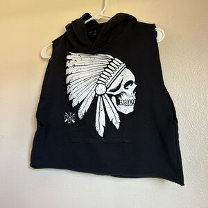 Black Sleeveless Hoodie with Skull Design, distressed, Size Small